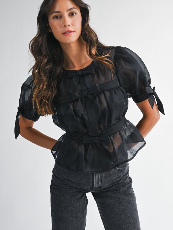 NWT Mable Black Aurelie Organza Bow Puff Short Sleeve Top - Picture 6 of 6